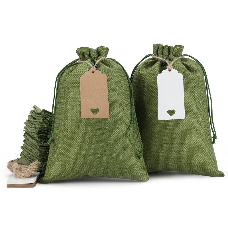 Tapleap Gift Bags 30Pcs 7x10 Green Burlap Sacks with Tags and String for Wrapping Halloween Gifts Wooden Cross For Birthday Wedding Party Church